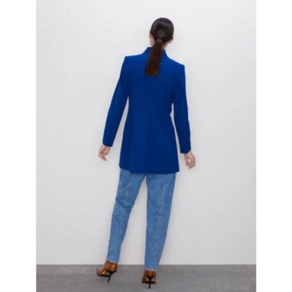 Zara Royal Blue Inverted Lapel Long Blazer Size Small - Picture 2 of 15